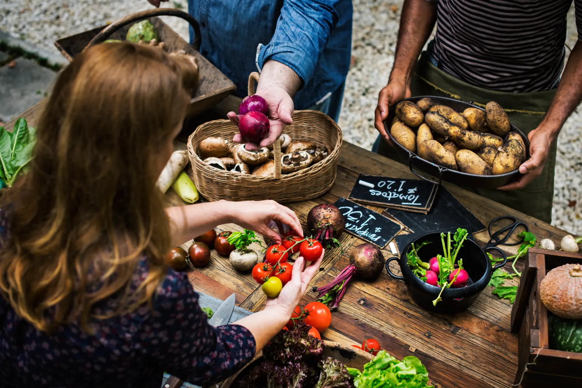 woman and two men at an organic vegetable table